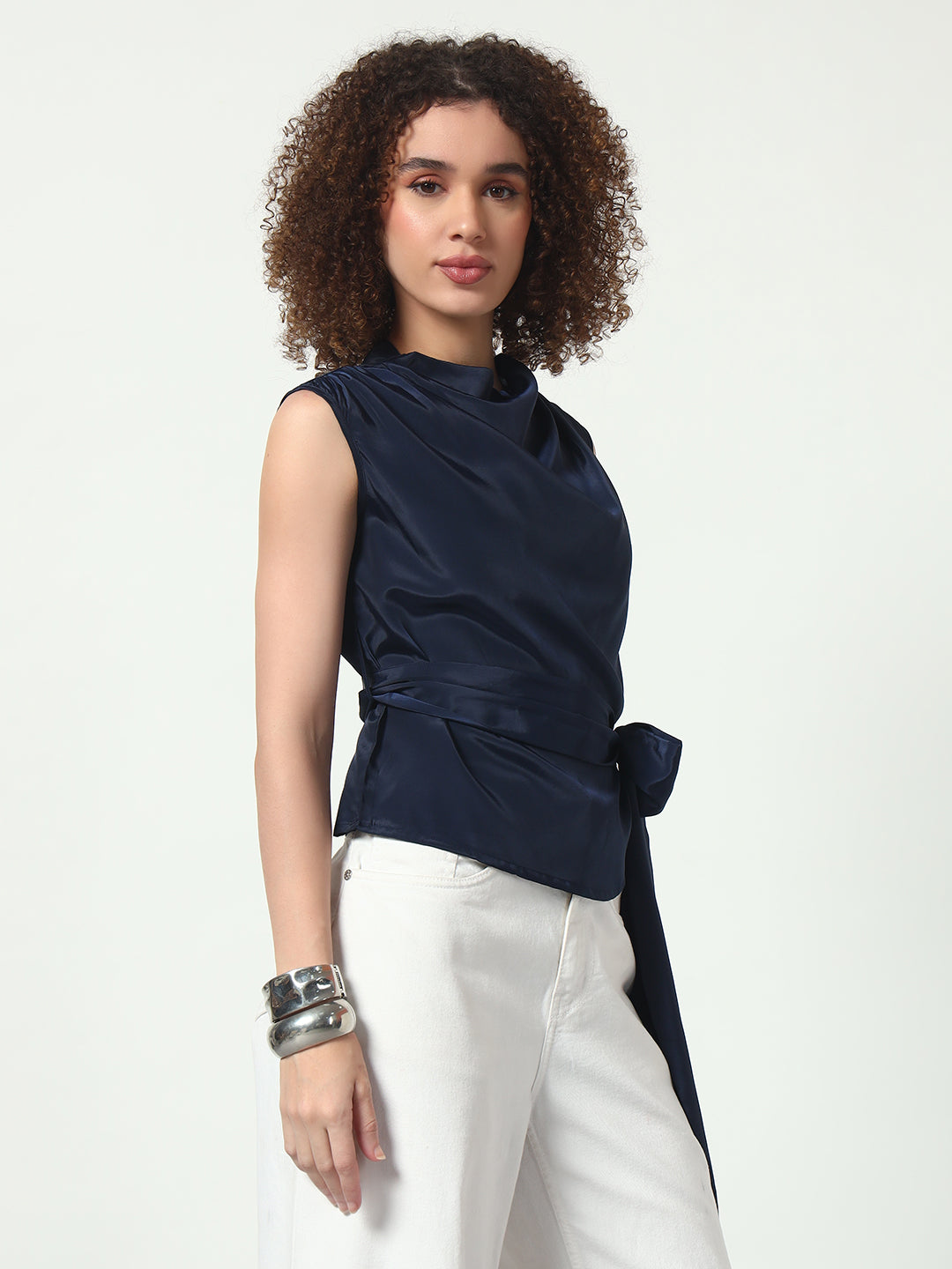 Cowl Neck Top w/Belt - Navy