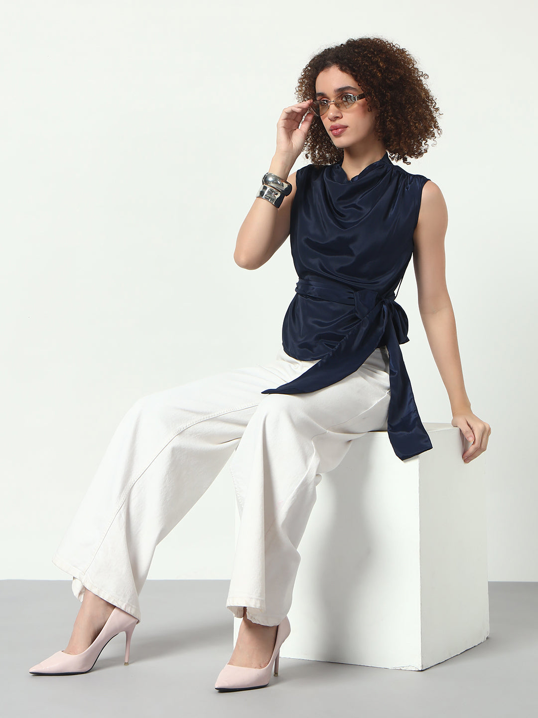 Cowl Neck Top w/Belt - Navy