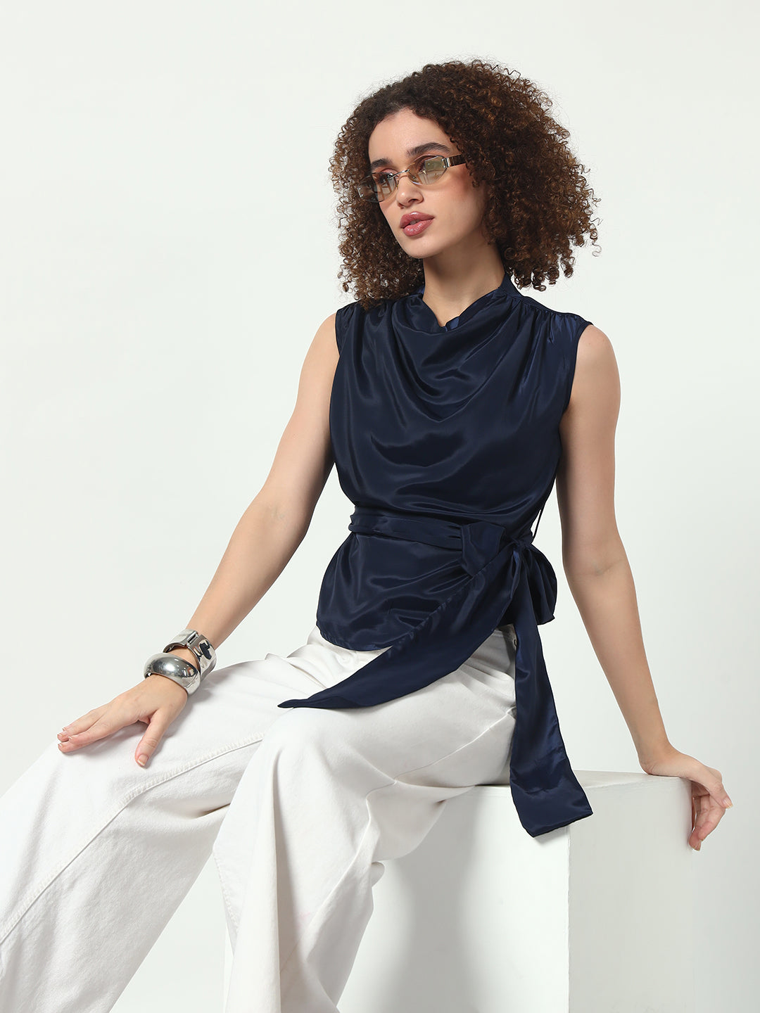 Cowl Neck Top w/Belt - Navy