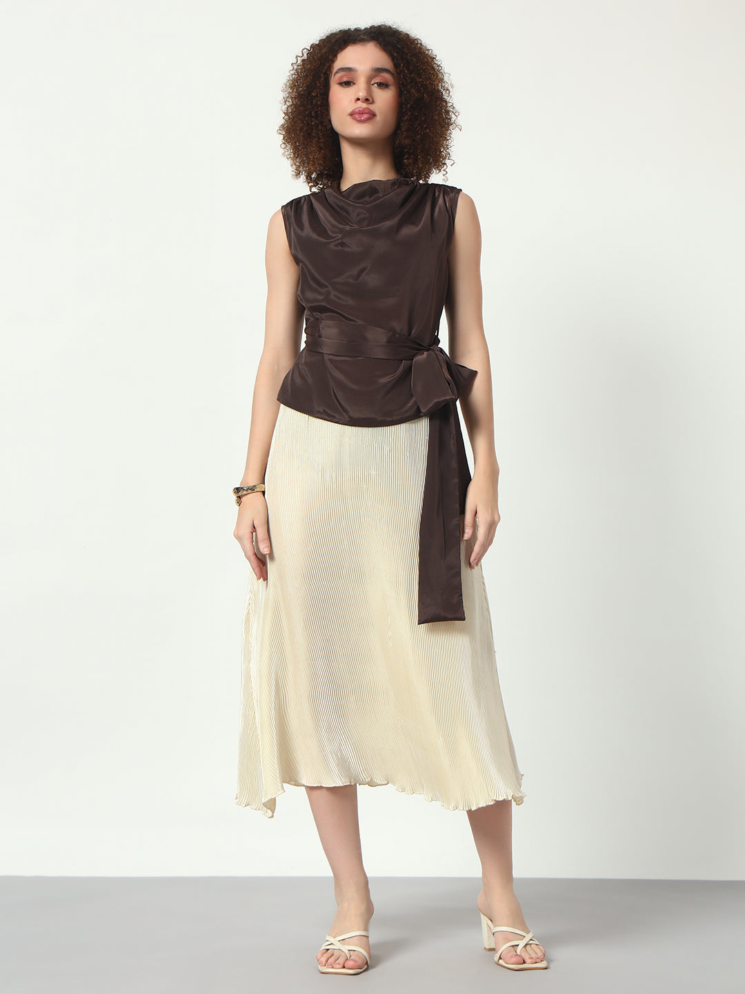 Cowl Neck Top w/Belt - Brown
