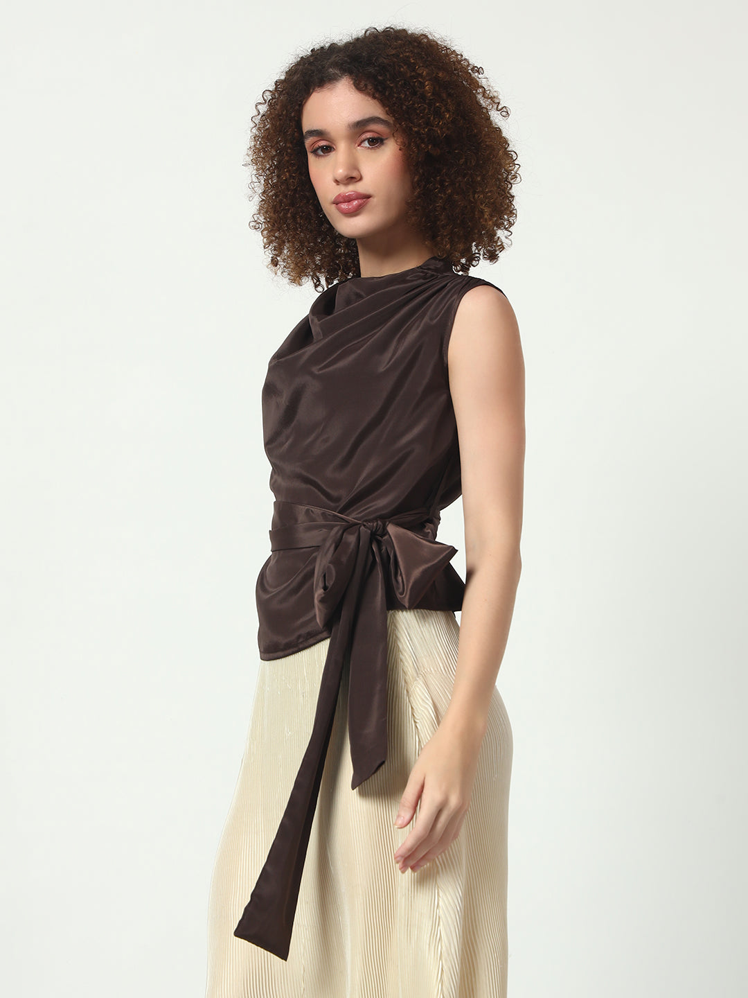 Cowl Neck Top w/Belt - Brown