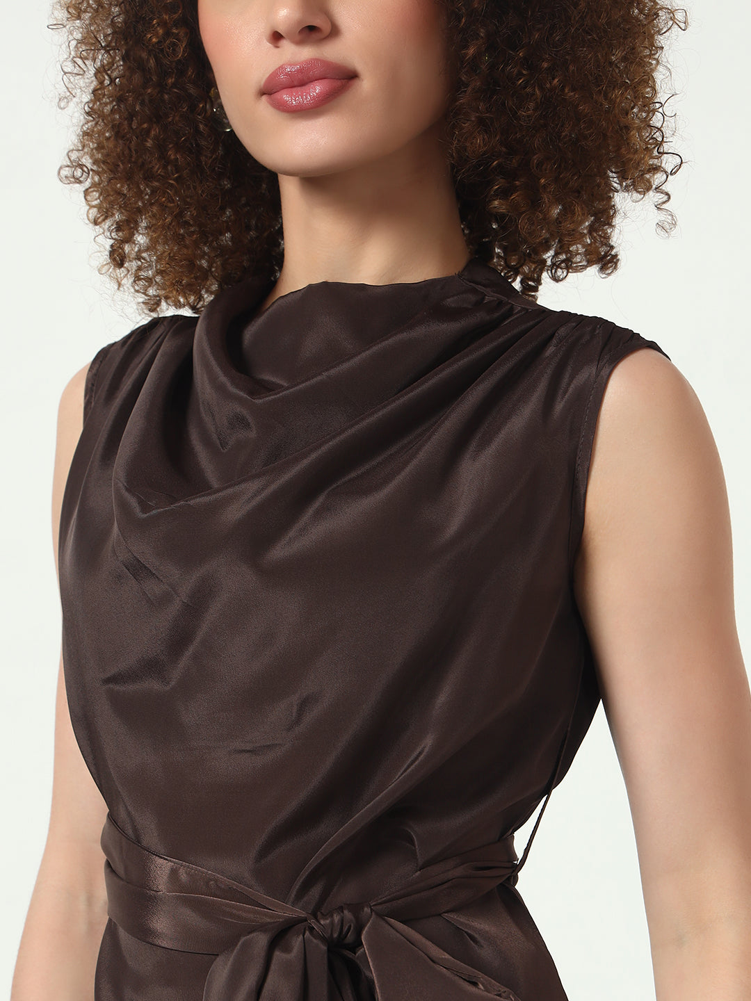 Cowl Neck Top w/Belt - Brown
