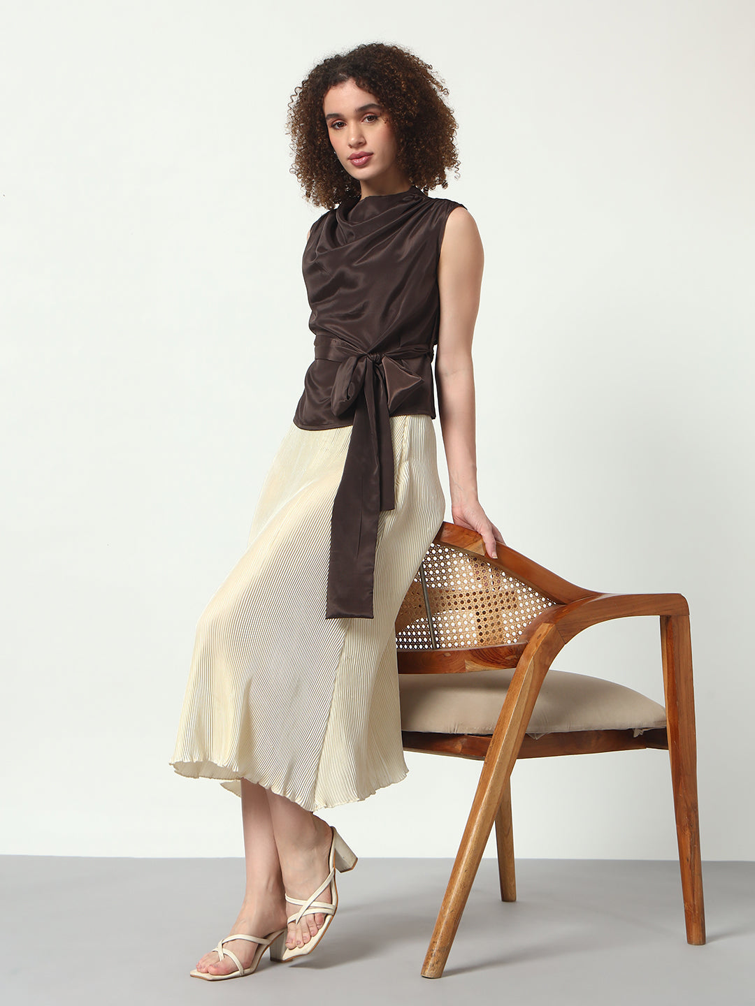Cowl Neck Top w/Belt - Brown