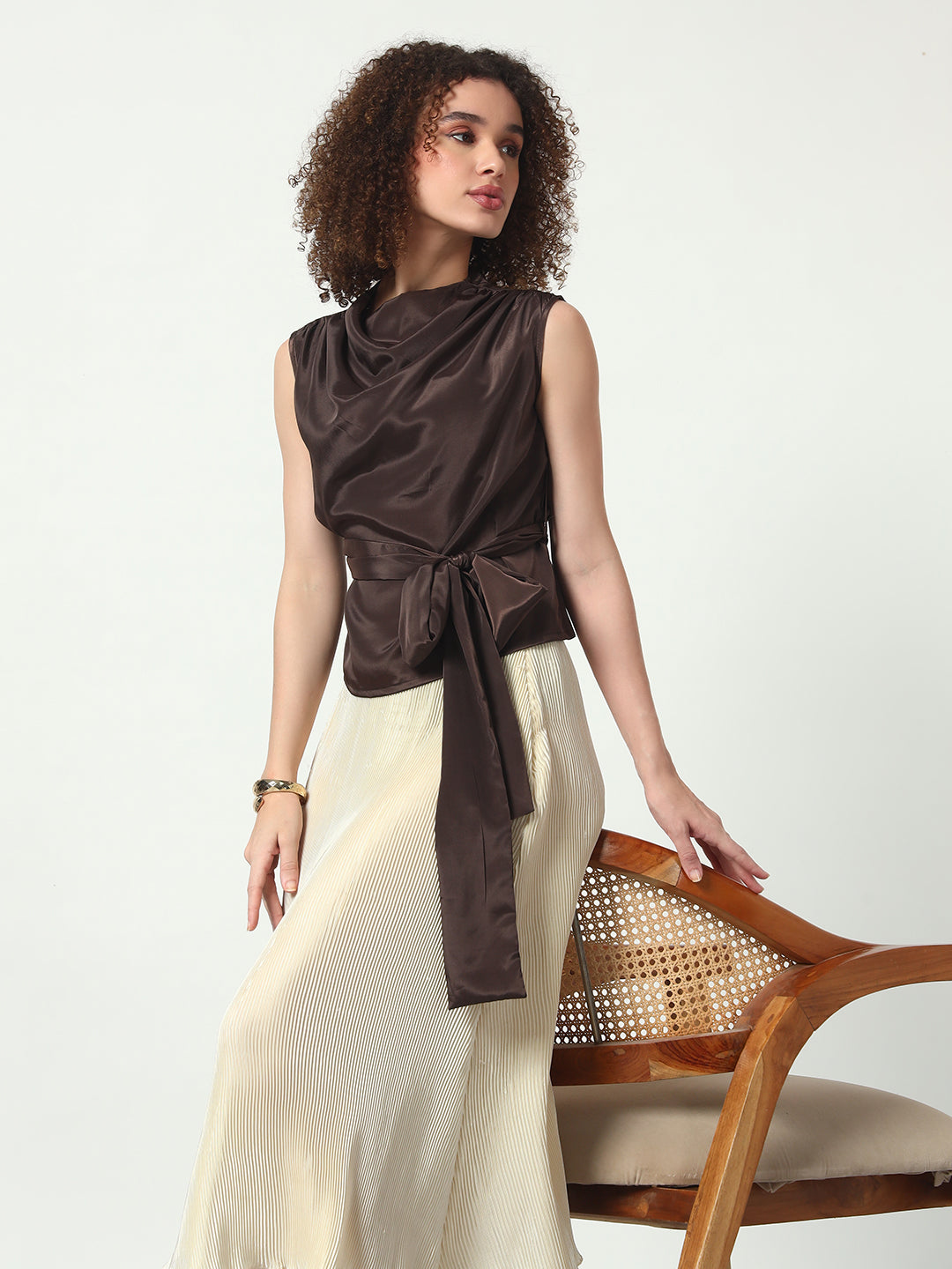Cowl Neck Top w/Belt - Brown