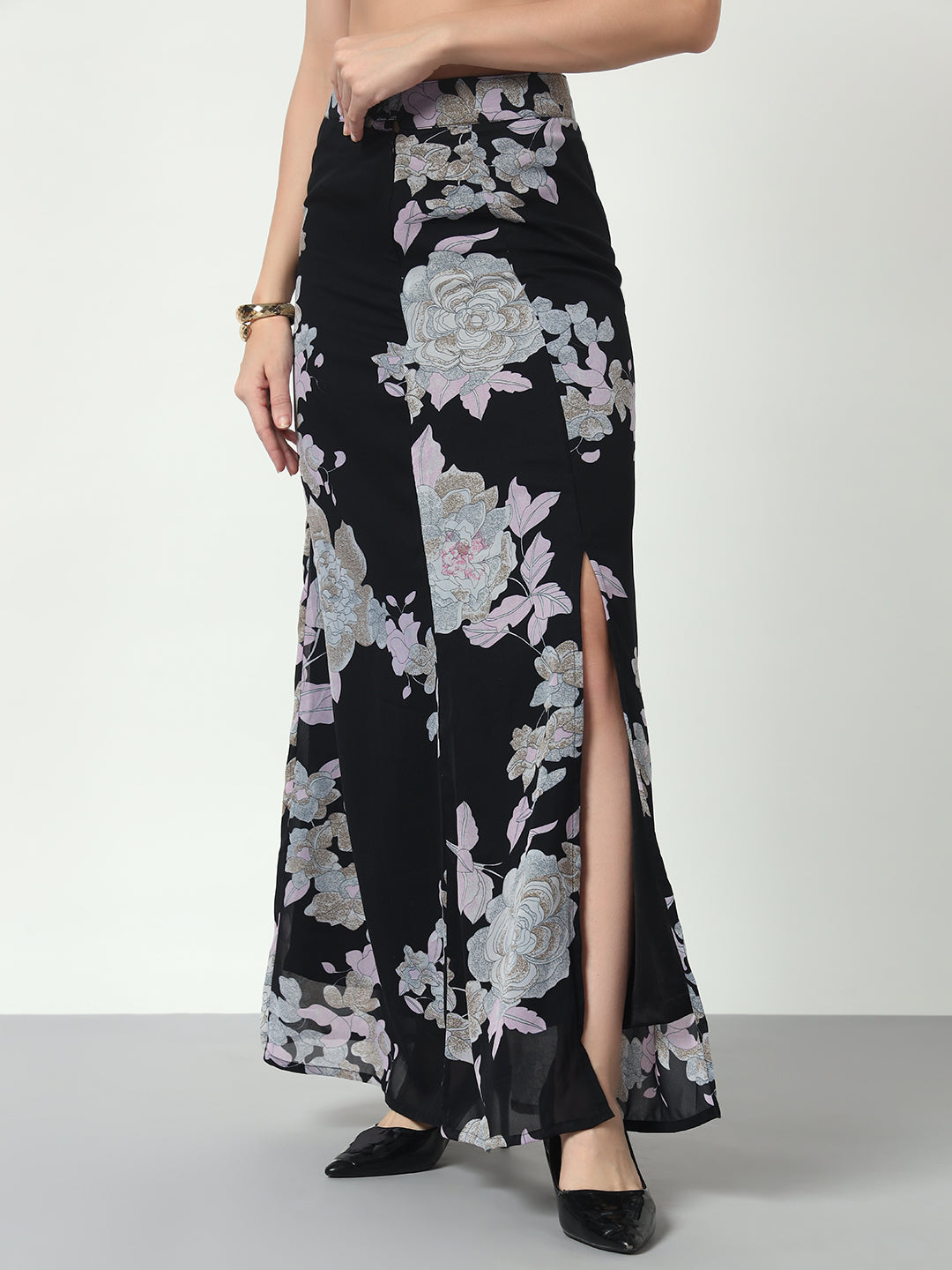 Floral Side Slit Skirt - Black