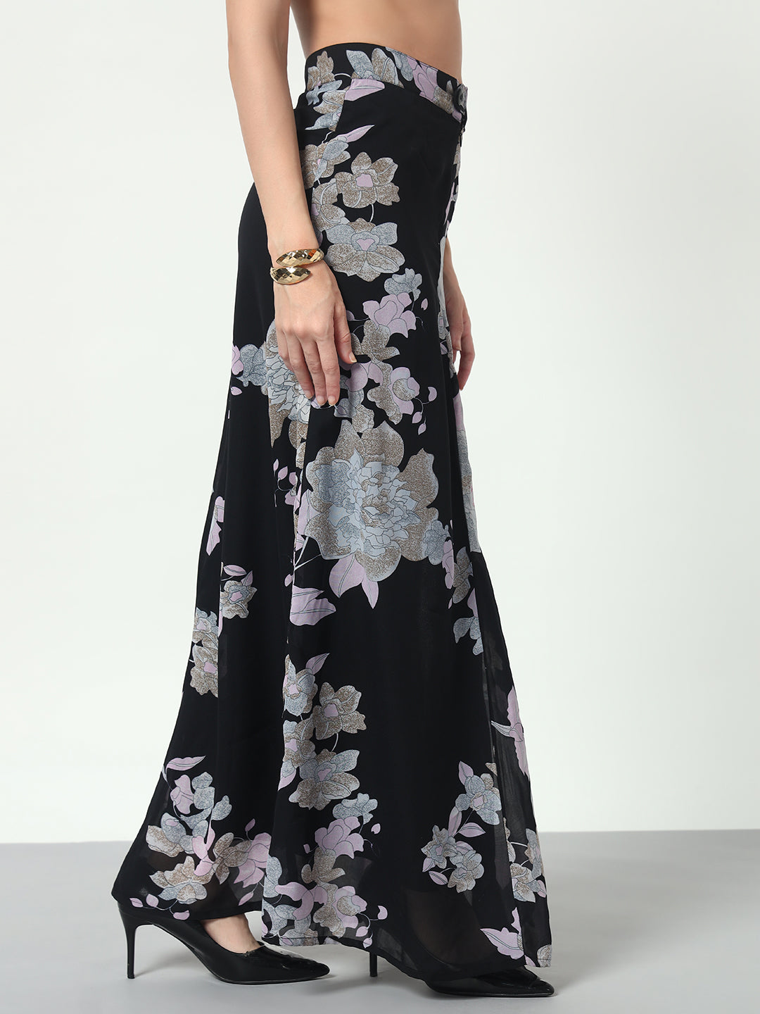 Floral Side Slit Skirt - Black