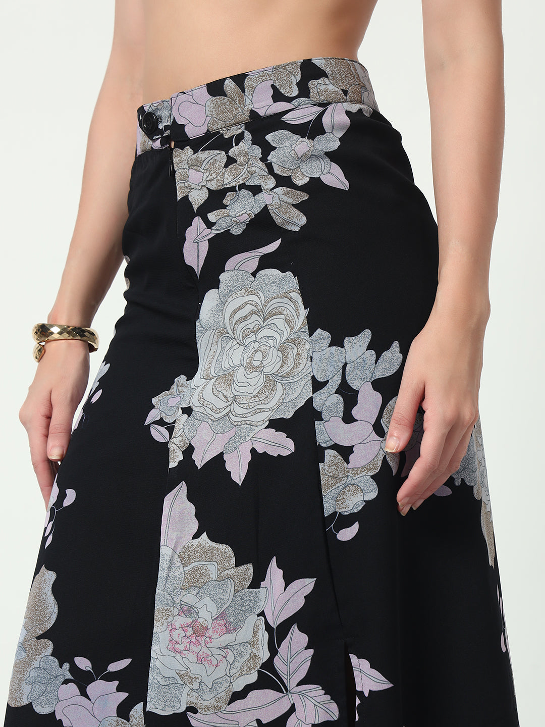Floral Side Slit Skirt - Black