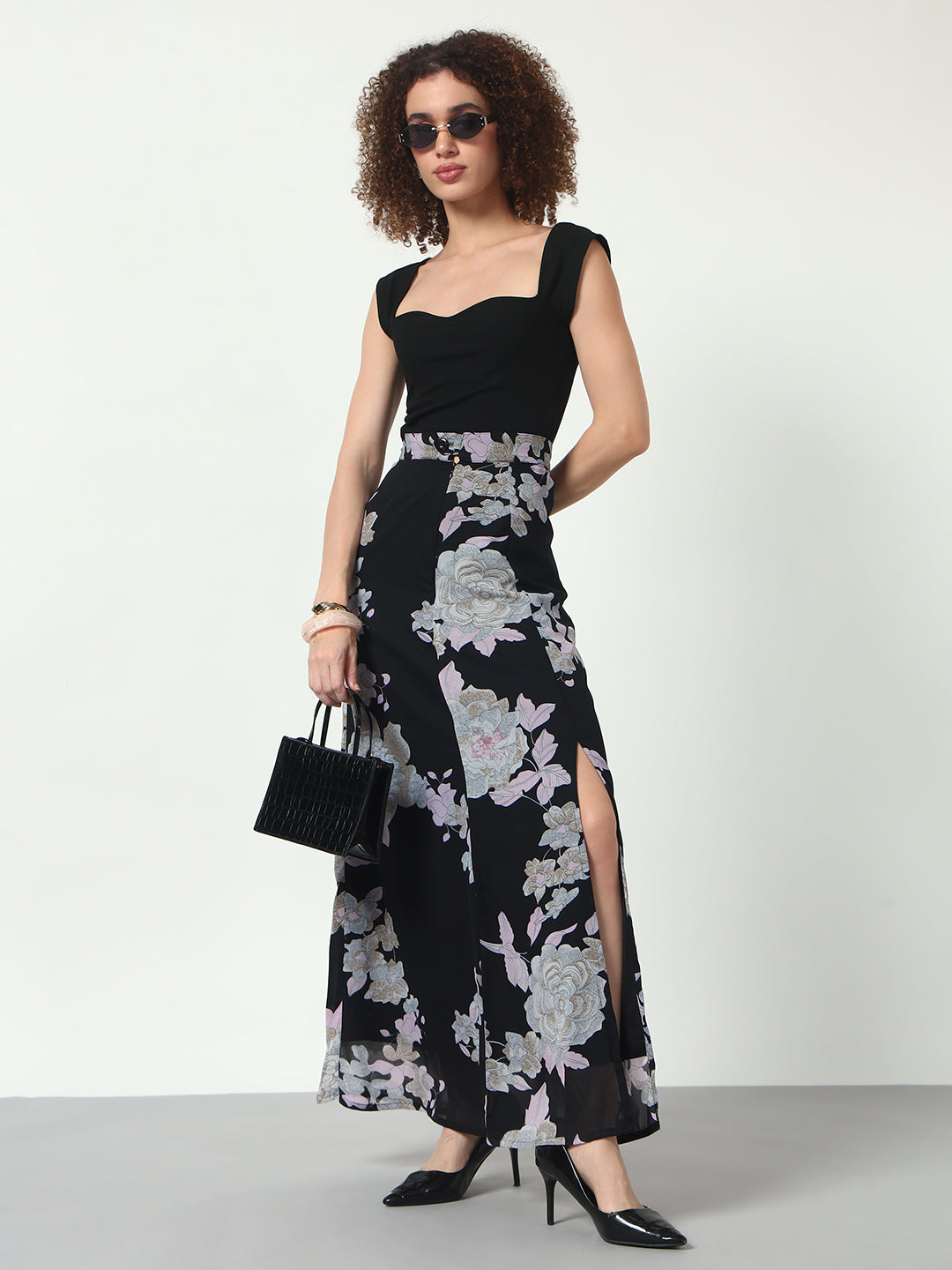 Floral Side Slit Skirt - Black
