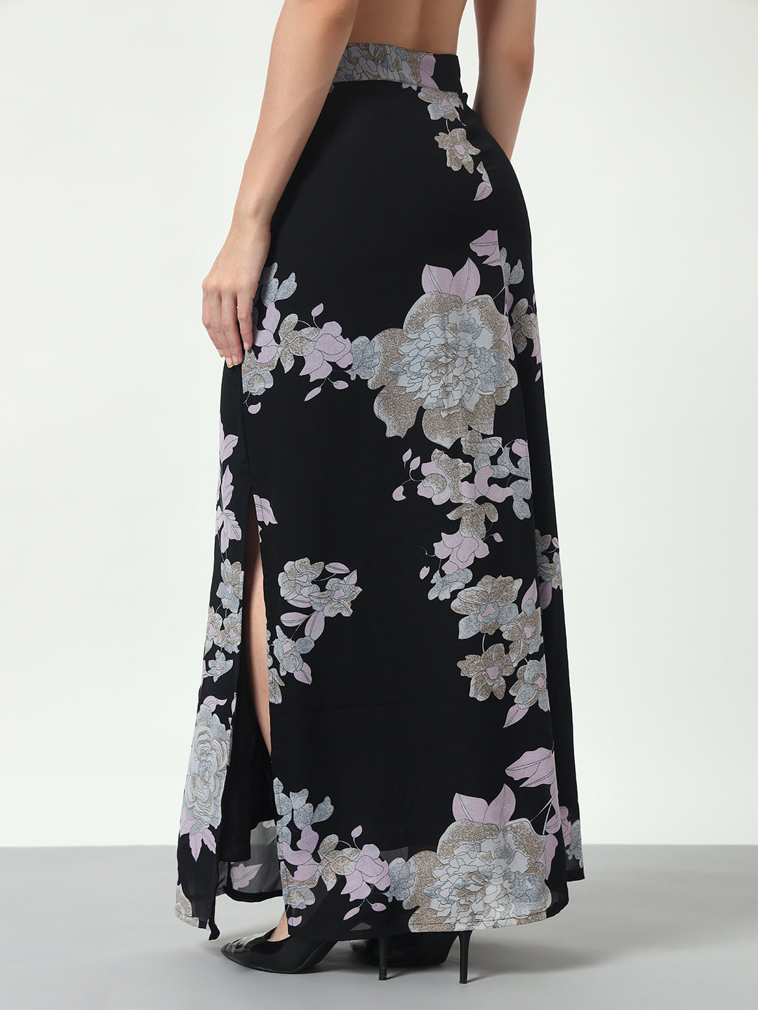 Floral Side Slit Skirt - Black