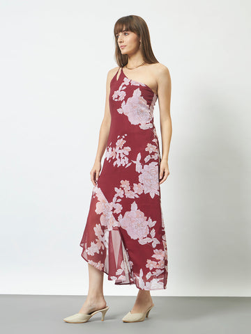 Printed Cocktail Dress with Inbuilt Padding - Maroon