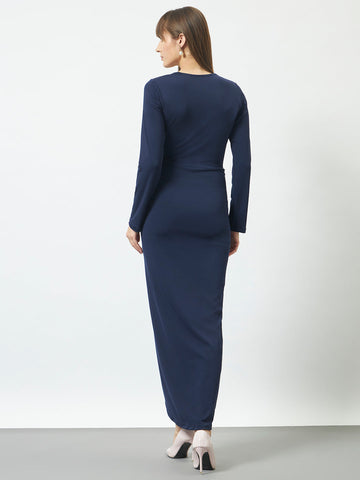 Square Neck Wrap Around Dress - Navy