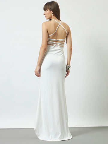 Lace-Up Back Trail Gown Dress - White