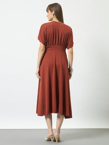 Empire V-Neck Dress - Rust