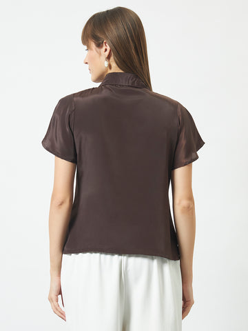 Shirt Style Overlap Top - Brown