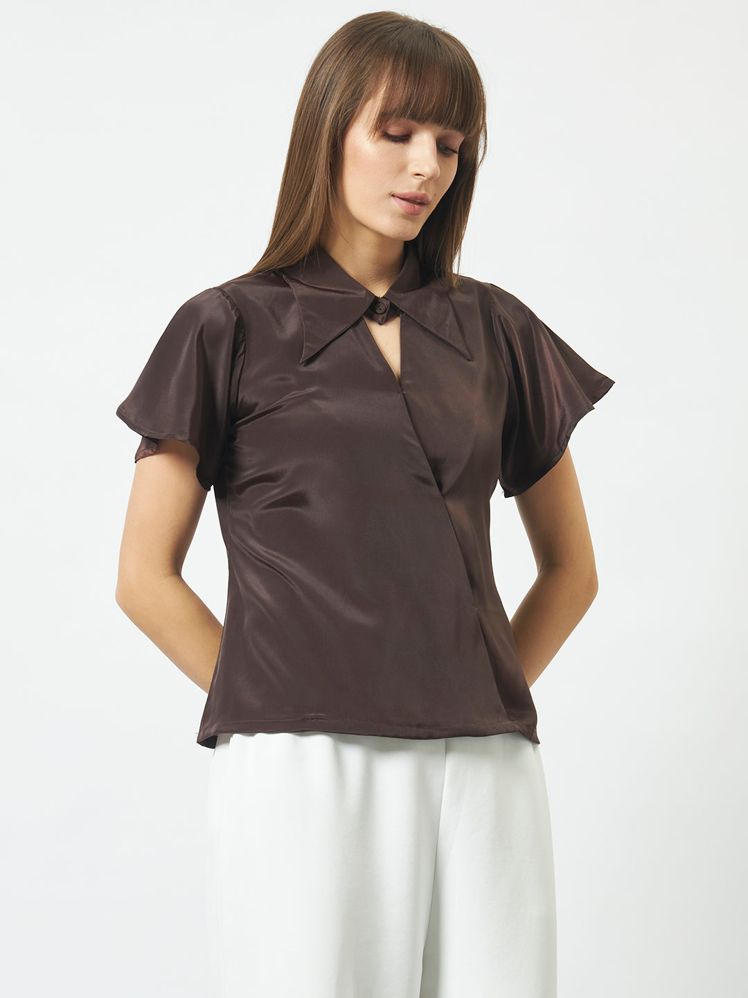 Shirt Style Overlap Top - Brown