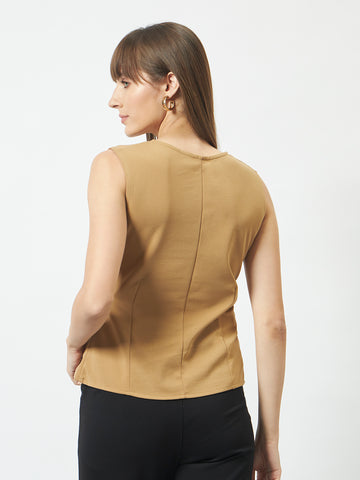 Trend Arrest Camel Wrap-Front Belted Sleeveless Top
