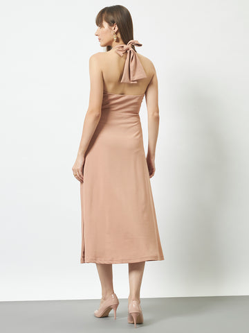 Halter Neck Fit & Flare Midi Dress - Beige
