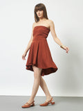 Wine Off Shoulder Bodycon Dress with Flared Sleeves - Rust
