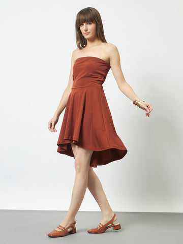 Wine Off Shoulder Bodycon Dress with Flared Sleeves - Rust