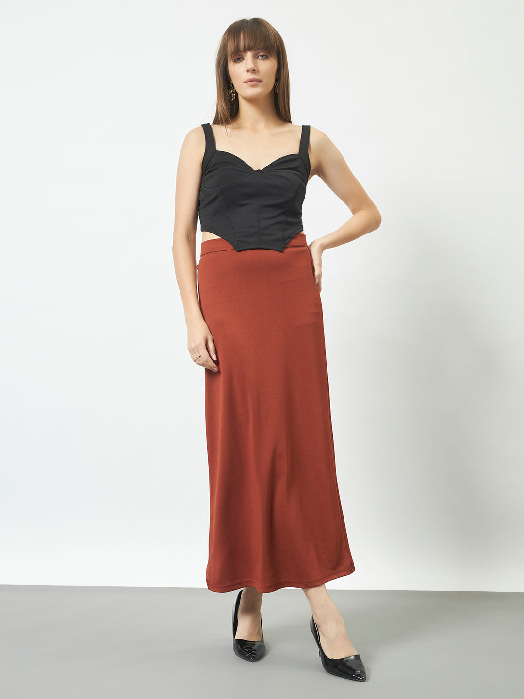 Straight Fit Slit Skirt - Rust