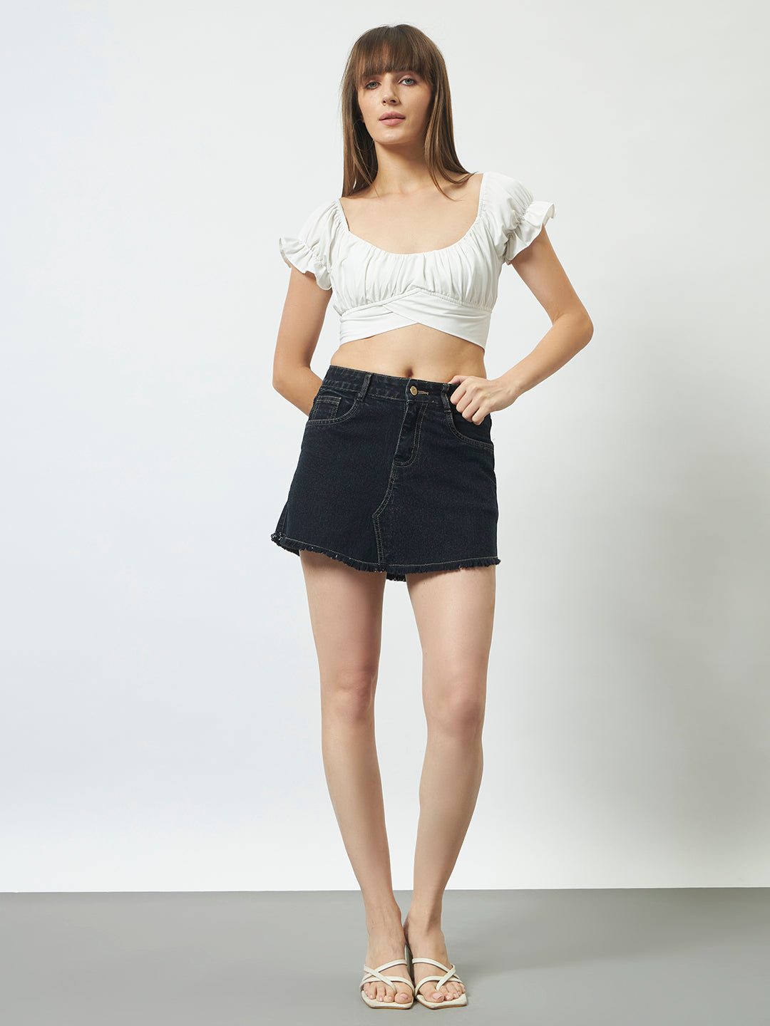 Frayed Hem Denim Mini Skirt - Black