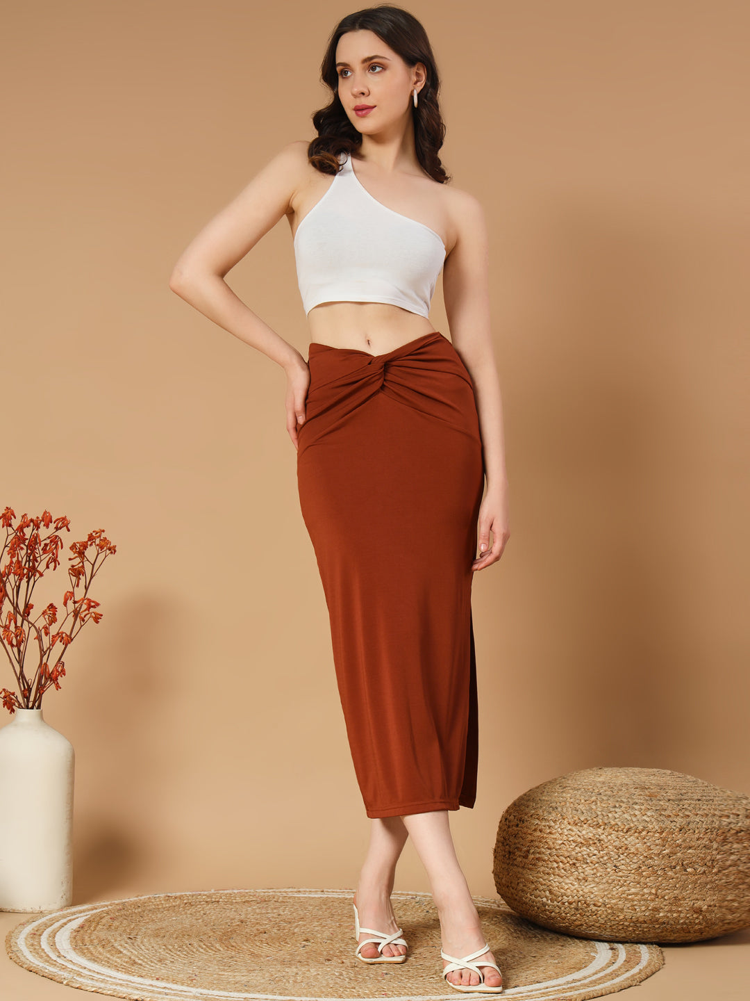 Black Twisted Bodycon Skirt - Brown