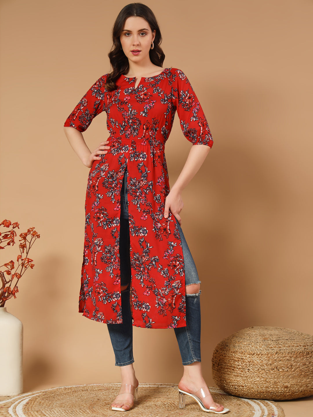 Red Printed Longline Top