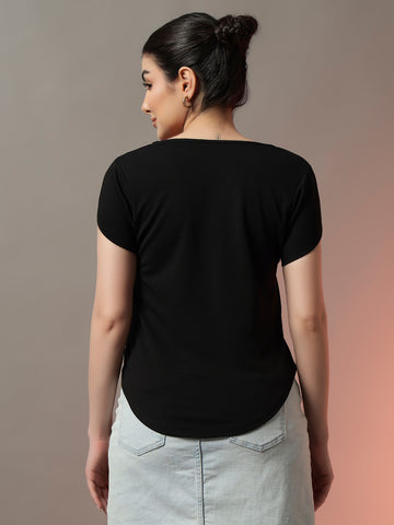 Black High-Low Hem Flowing Top with Round Neck