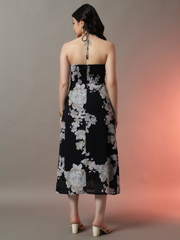Blue Floral Padded Dress with Fit and Flare Silhouette