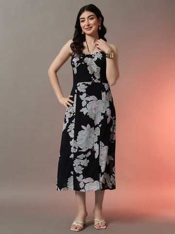 Blue Floral Padded Dress with Fit and Flare Silhouette