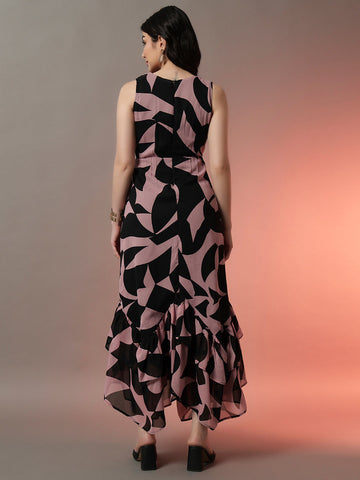 Pink & Black Printed Maxi Dress with Flared Hem and V-Neckline