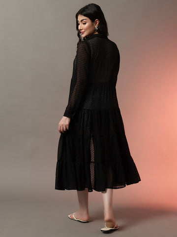 Black Long Dobby Shrug with Sheer Panels and Open Front
