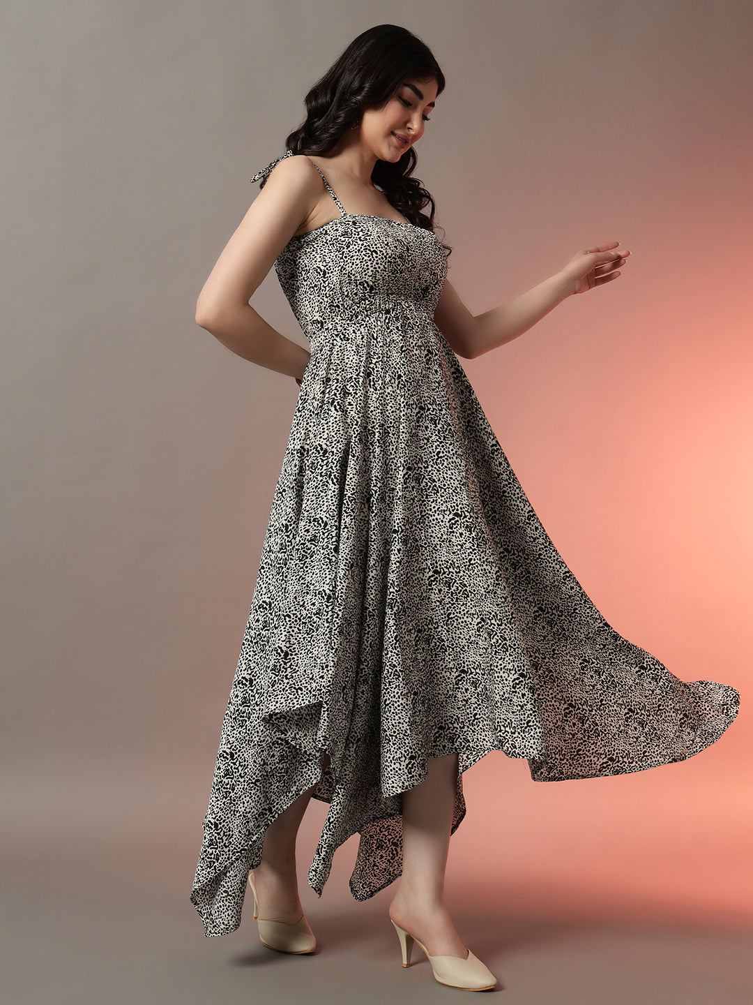 Printed Handkerchief Hem Dress - Black