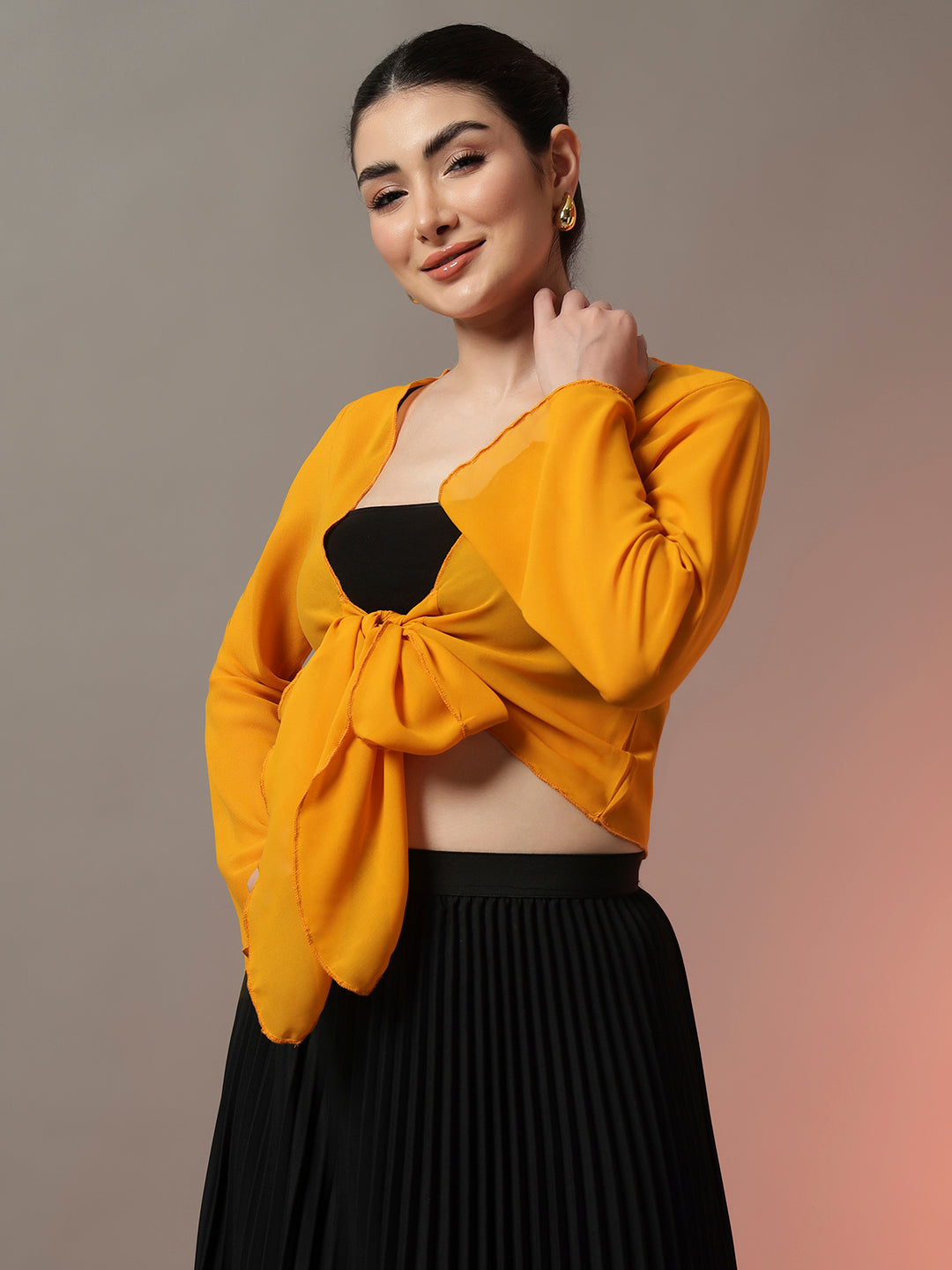 Front Tie-Up Crop Shrug - Mustard