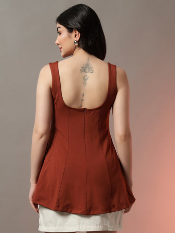 Rust Sculpted Fit Flare Top with Flared Sleeves