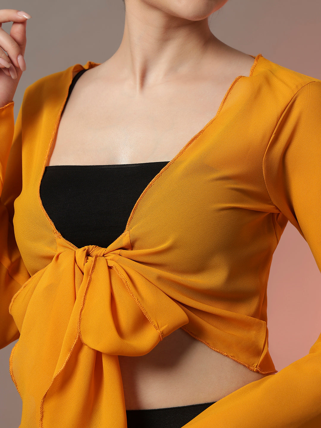 Front Tie-Up Crop Shrug - Mustard