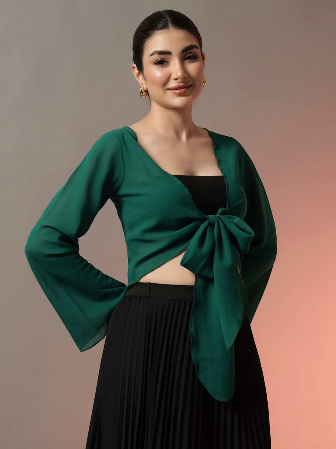 Front Tie-Up Crop Shrug - Green