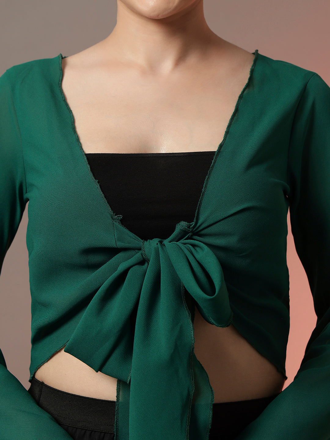 Front Tie-Up Crop Shrug - Green