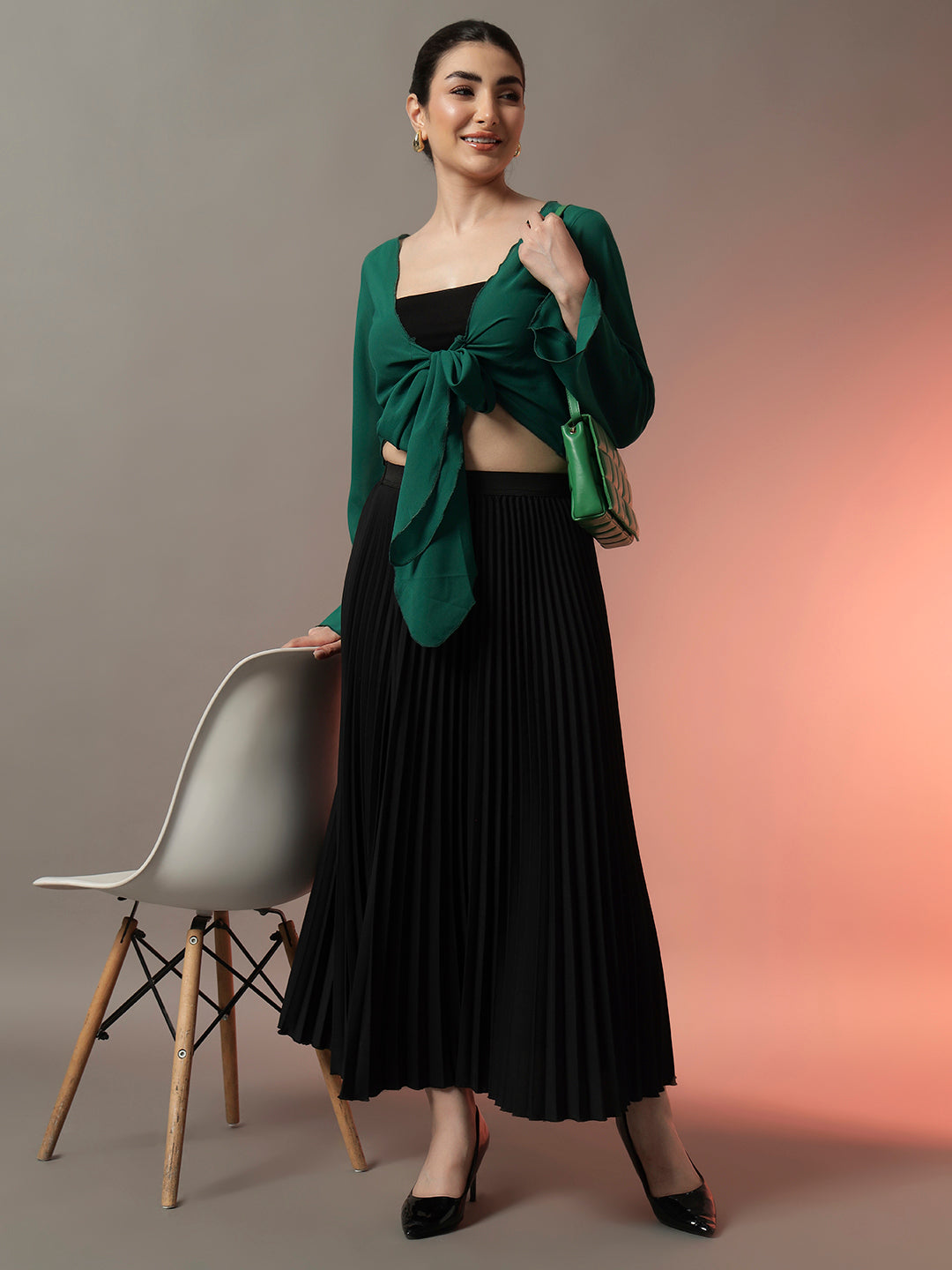 Front Tie-Up Crop Shrug - Green