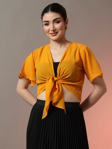 Mustard Waterfall Shrug with Draped Open Front