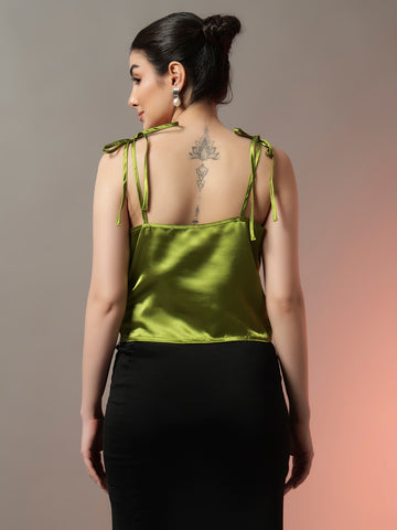Green Cowl Neck Draped Top with Spaghetti Straps