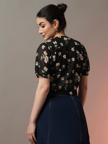 Black Floral Waterfall Shrug with Flowy Front Draping