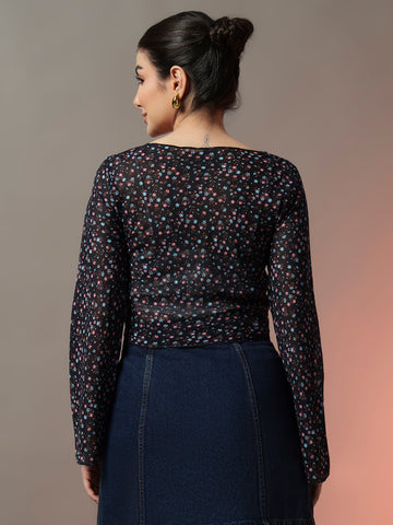 Blue Floral Front Tie-Up Shrug with Flowy Sleeves