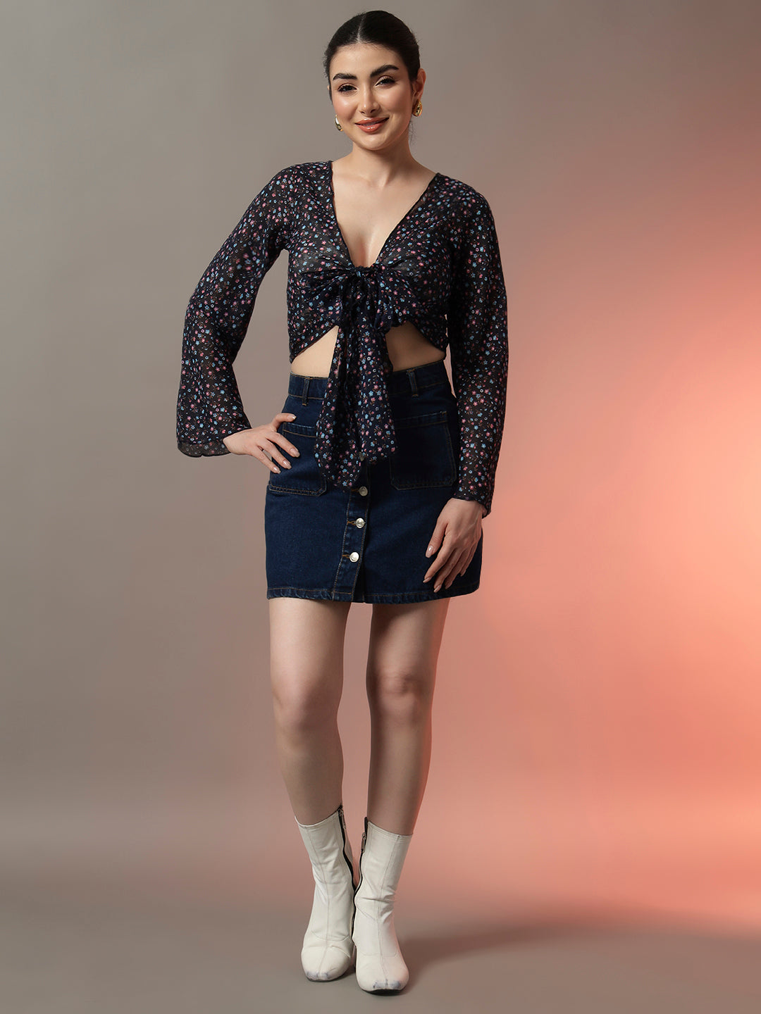 Blue Floral Front Tie-Up Shrug with Flowy Sleeves