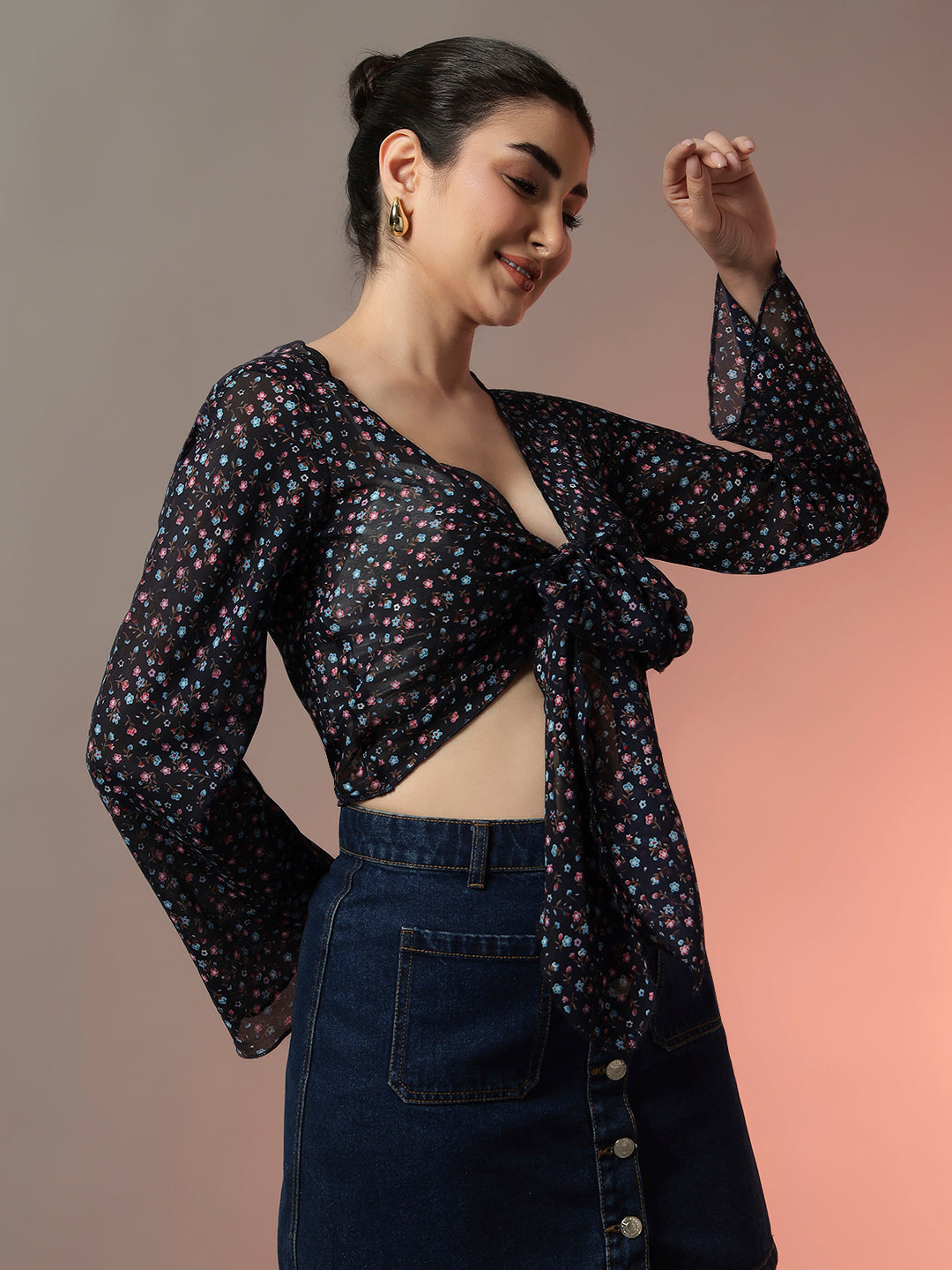 Front Tie-Up Crop Shrug - Blue