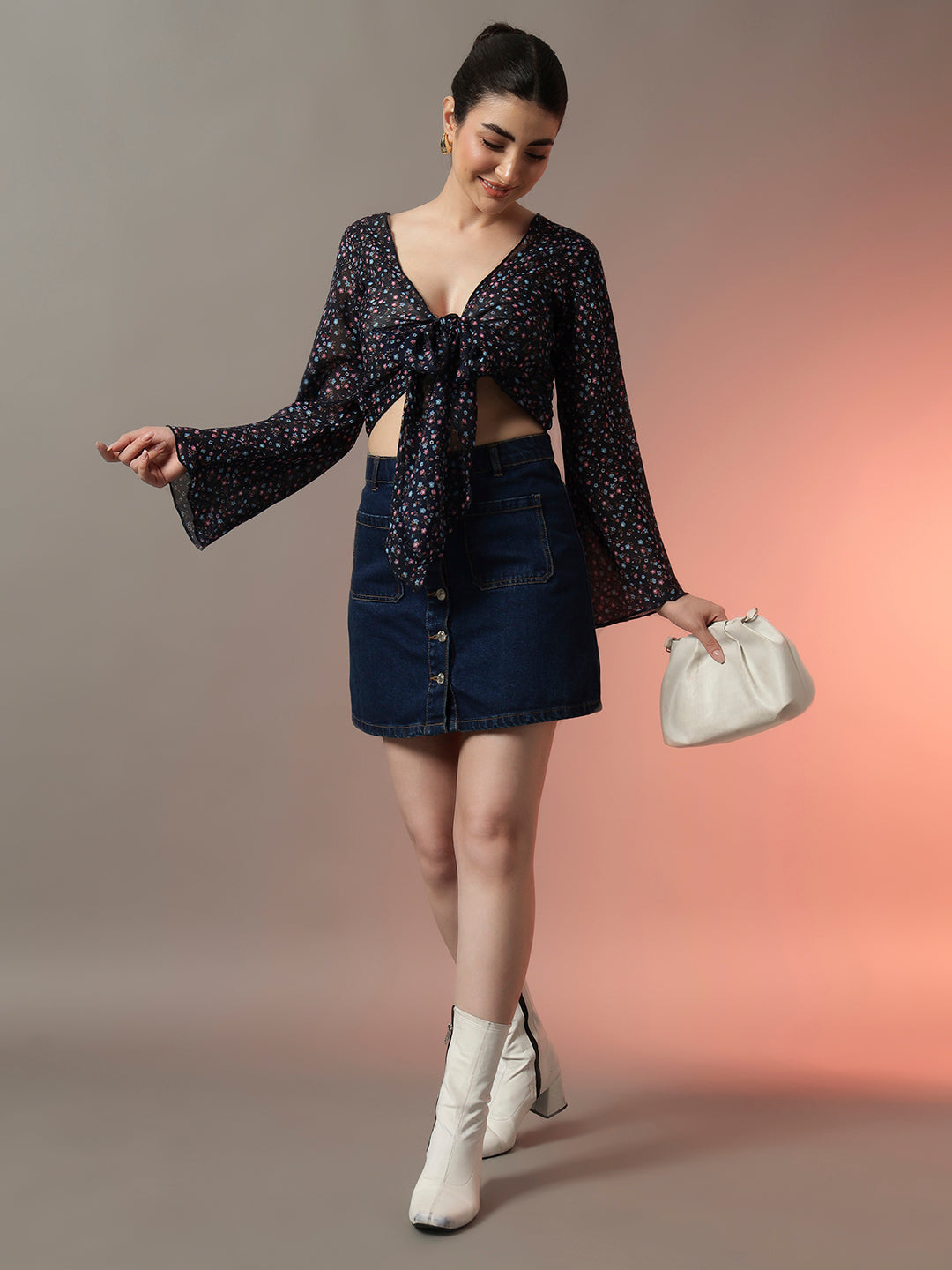 Front Tie-Up Crop Shrug - Blue