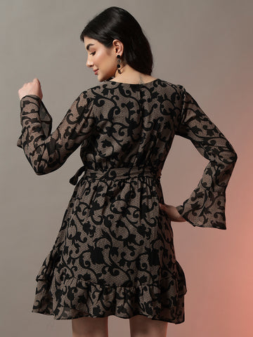 Black Printed Mini Dress with Flared Hem and Puff Sleeves