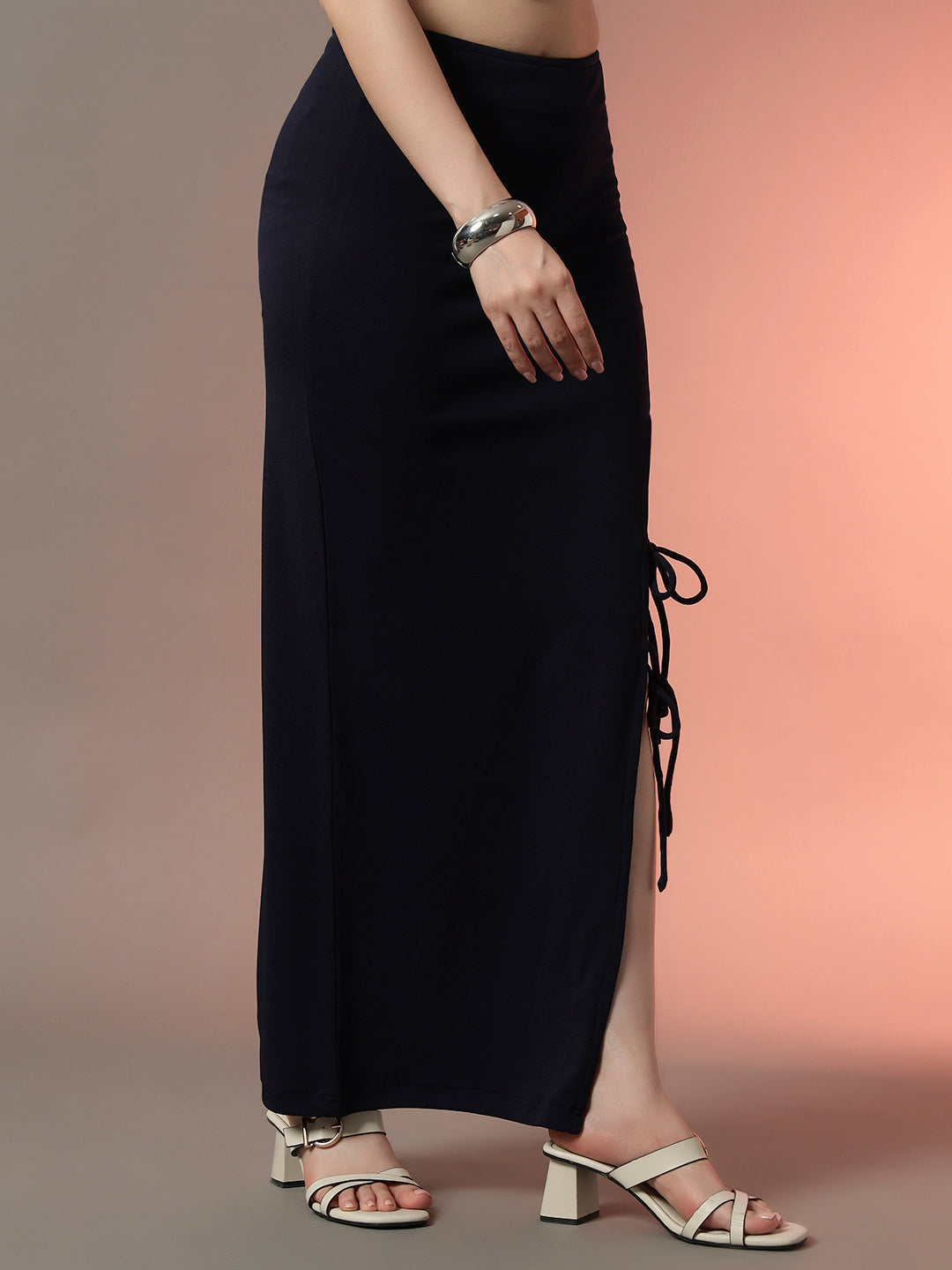 Navy Slit Tie-Up Midi Skirt with Front Slit | Trend Arrest