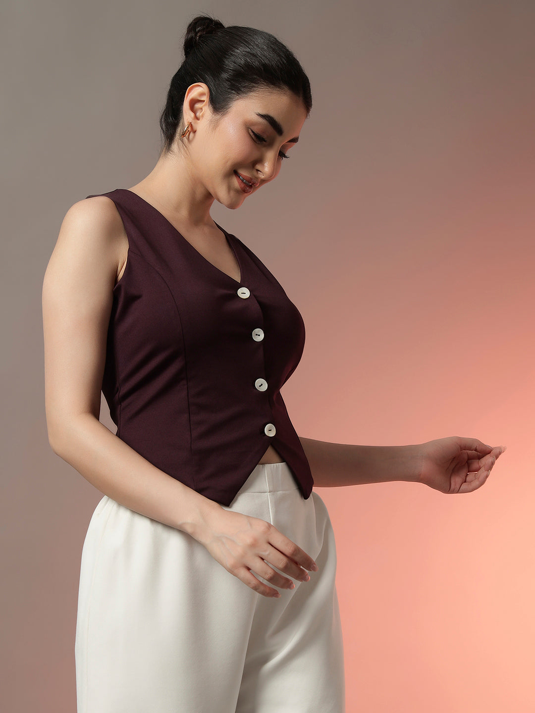 V-Neck Woven Waistcoat - Wine