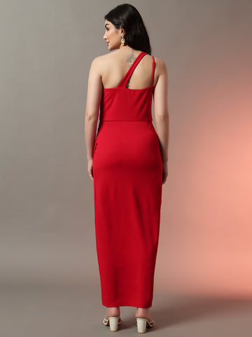Shoulder Slit Maxi Dress with Side Slit and Flowy Silhouette - Red
